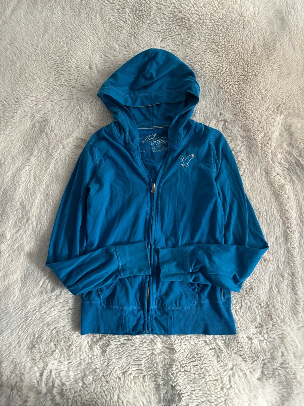 Y2K American Eagle Blue Zip-Up Hooded Sweatshirt with Small Chest Logo